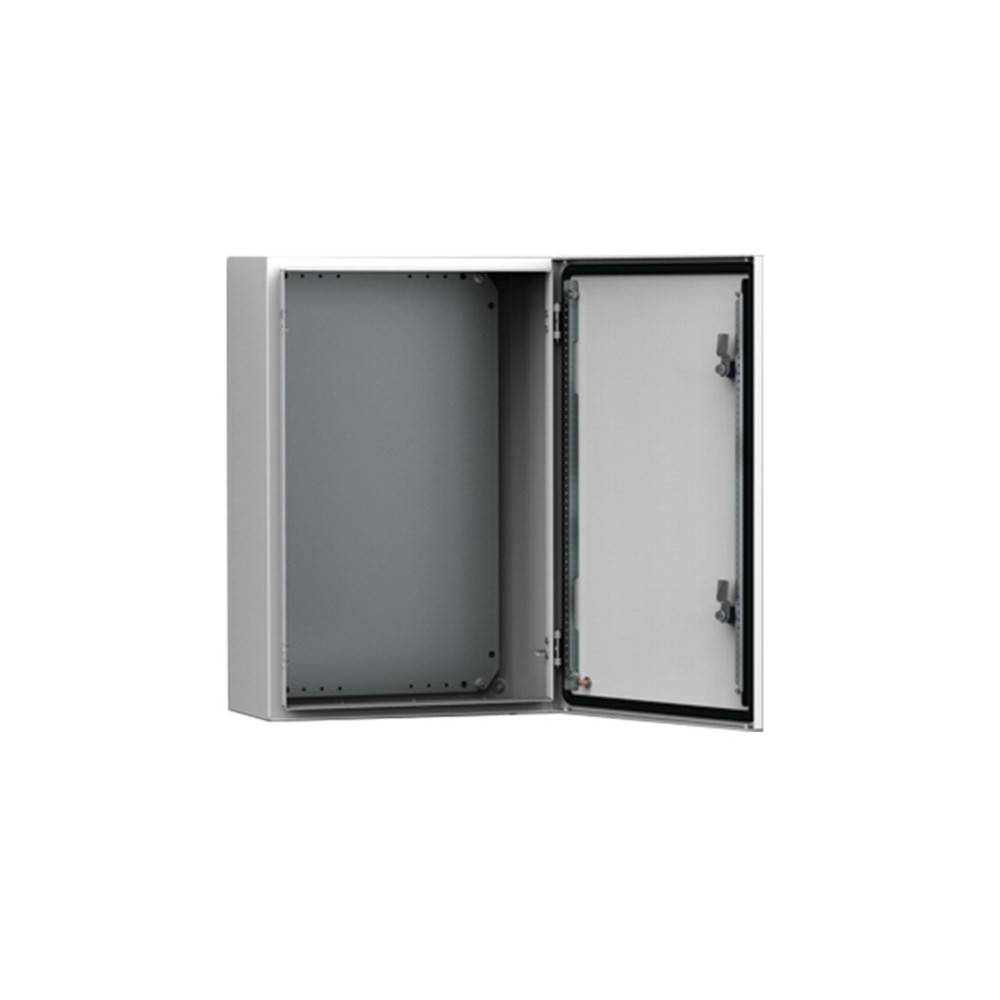 Eine Metallstromverteilung ist geöffnet und gibt das innere Panel frei. Das Gehäuse hat eine glatte, hellgraue Außenseite und einen schwarzen Dichtungsrand.
