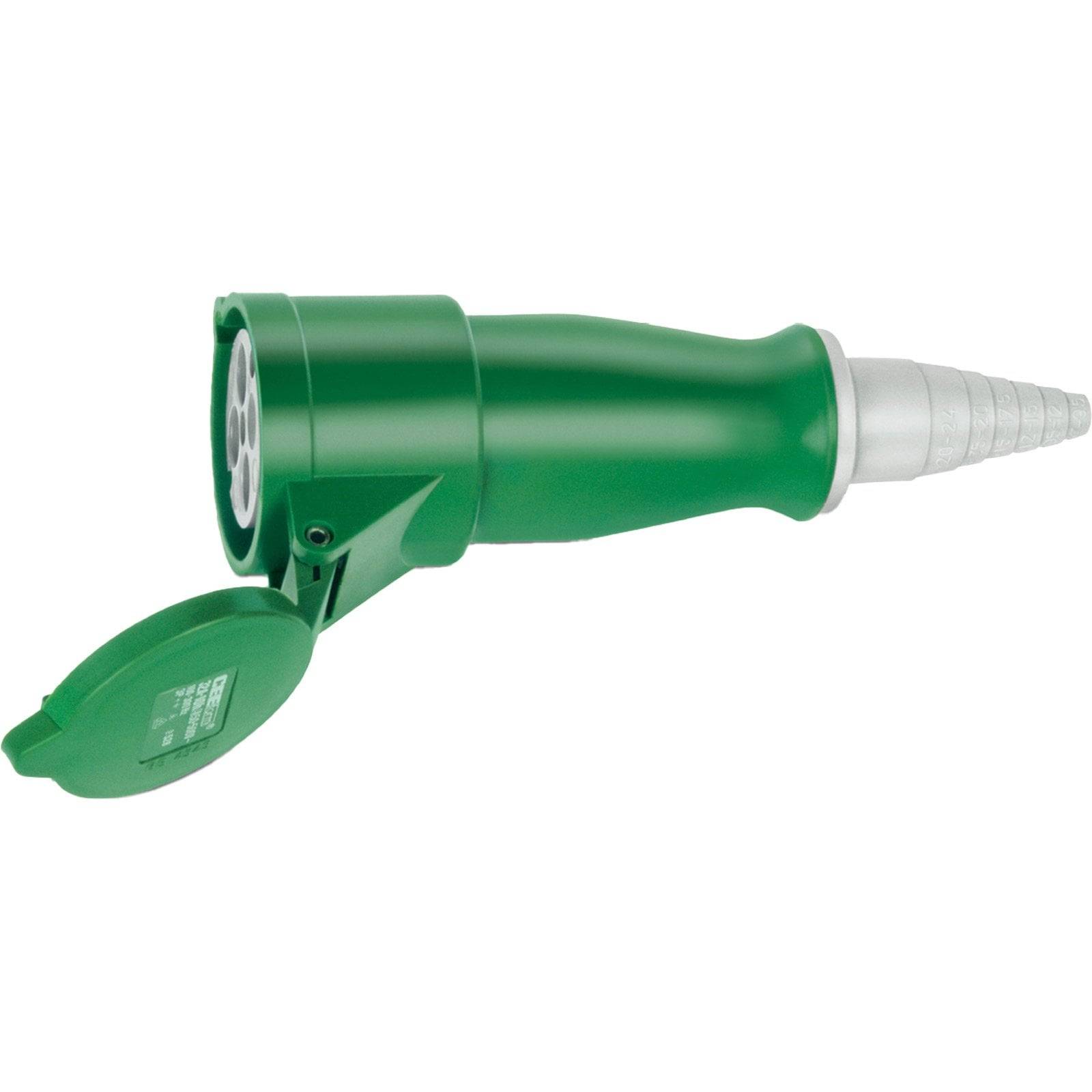 Grüner industrieller Stromanschluss mit einem konischen Hinterende, der drei kreisrunde Steckdosenbuchsen und eine kreisrunde Schutzkappe zeigt.