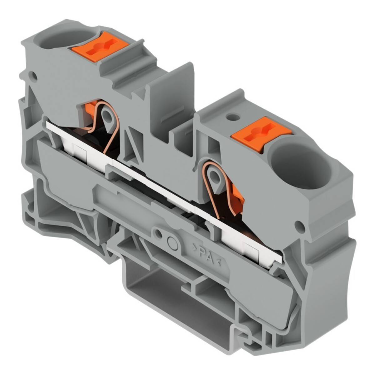 Ein grauer Klemmenblock aus Kunststoff mit orangefarbenen Hebeln, verwendet bei elektrischen Verbindungen, verfügt über zwei Eingangspunkte für Drähte auf jeder Seite.