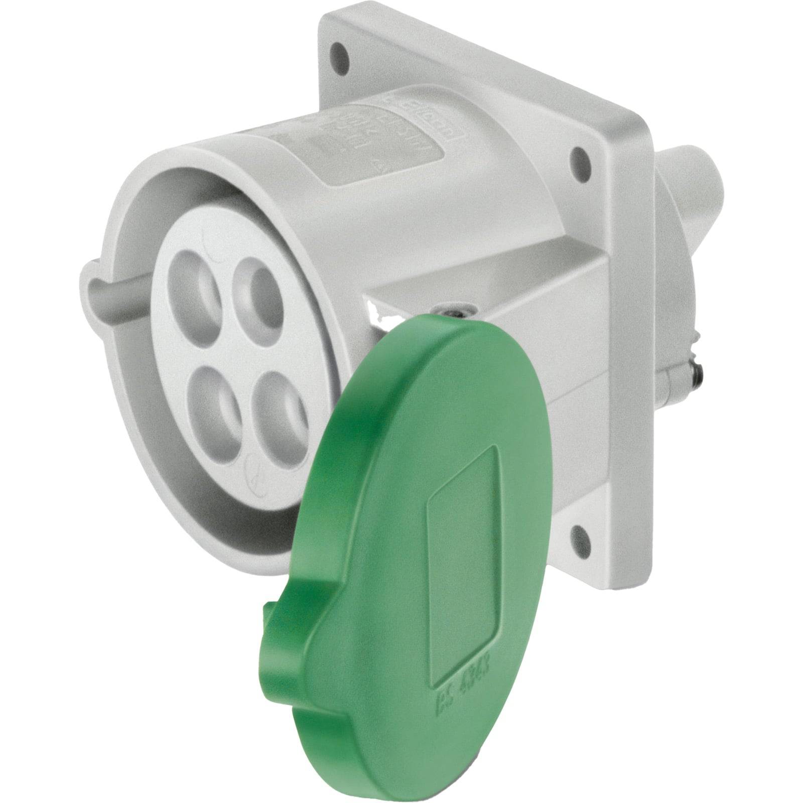 Eine weiße Steckdose mit runder Oberfläche und vier kreisförmigen Öffnungen, teilweise von einem grünen, klappbaren Deckel verdeckt.