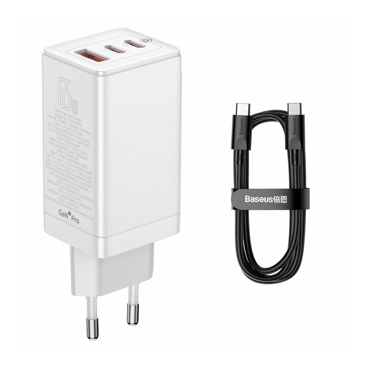 Baseus GaN3 Pro schnelles GaN-Ladegerät 2 x USB Typ C / USB + Kabel USB Typ C - USB Typ C 65W PD3.0, QC4.0+, AFC weiß
