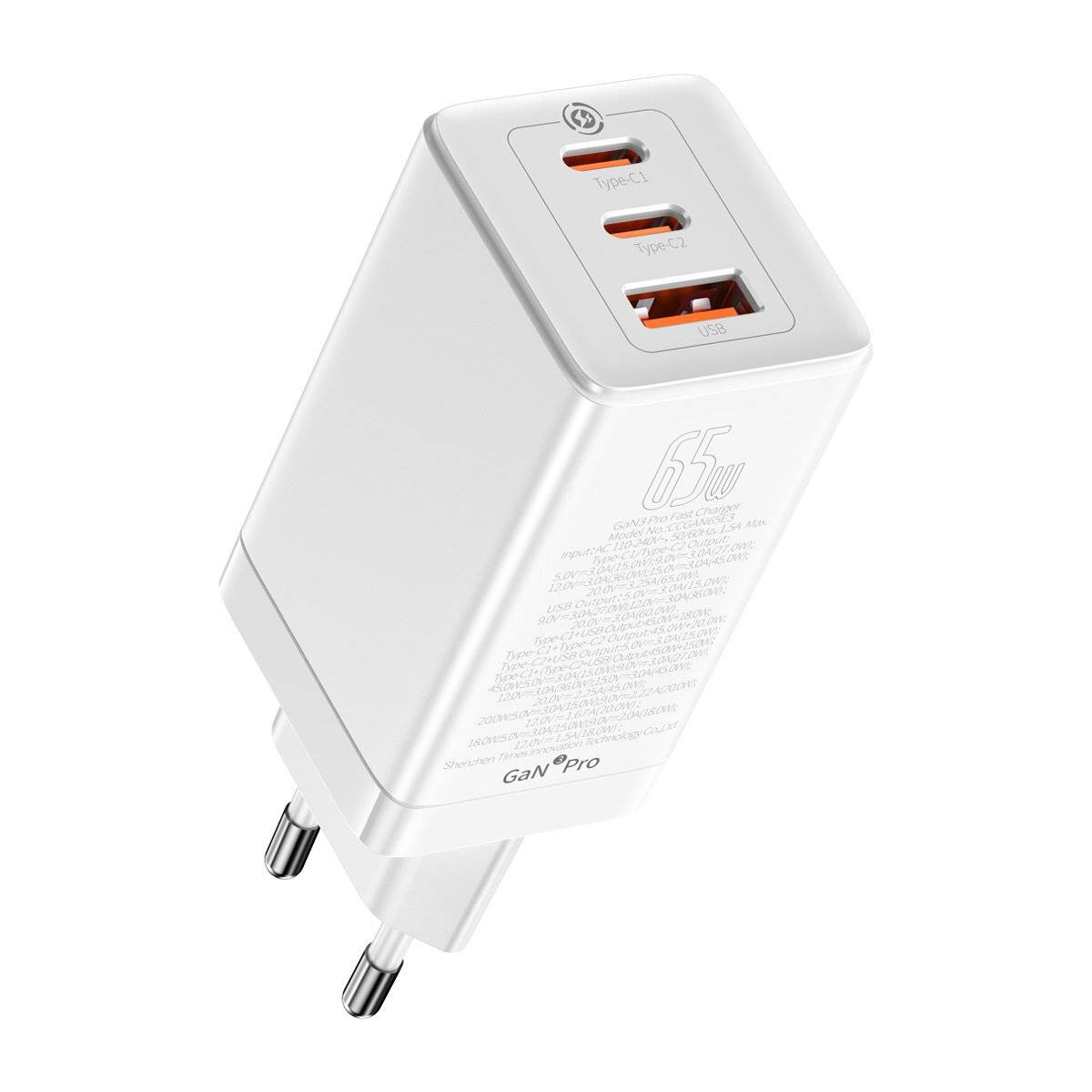Baseus GaN3 Pro schnelles GaN-Ladegerät 2 x USB Typ C / USB + Kabel USB Typ C - USB Typ C 65W PD3.0, QC4.0+, AFC weiß