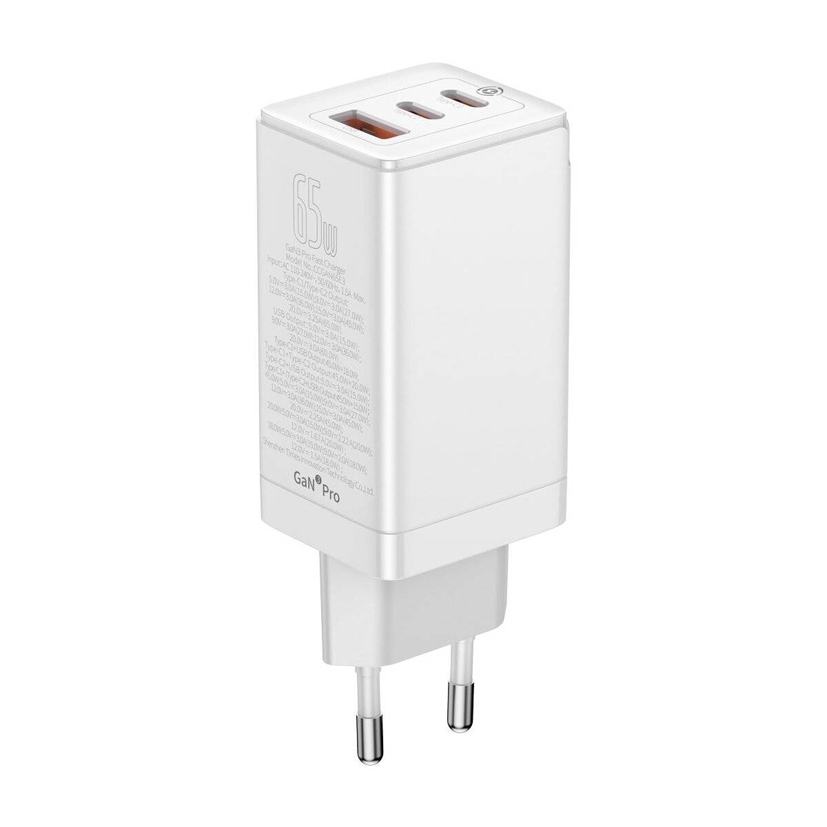 Baseus GaN3 Pro schnelles GaN-Ladegerät 2 x USB Typ C / USB + Kabel USB Typ C - USB Typ C 65W PD3.0, QC4.0+, AFC weiß