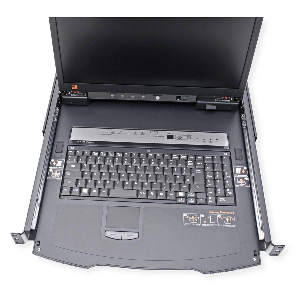 Eine schwarze Rack-Mount-Konsole mit Monitor, Tastatur und Touchpad, entwickelt für die Serververwaltung in Rechenzentren.