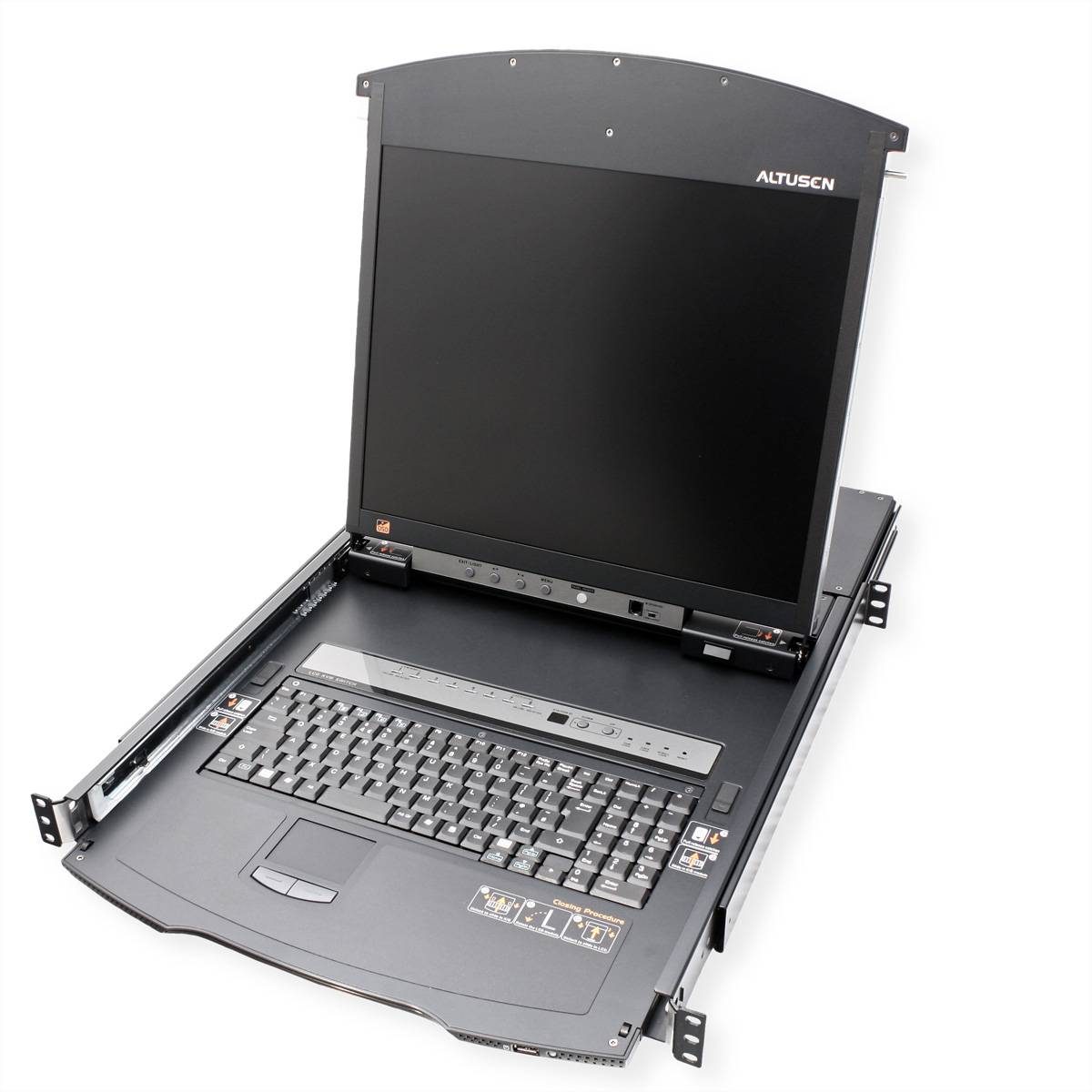 Eine in einem Rack montierte Konsole mit ausklappbarem LCD-Bildschirm, Tastatur und Touchpad, mit der Marke „Altusen