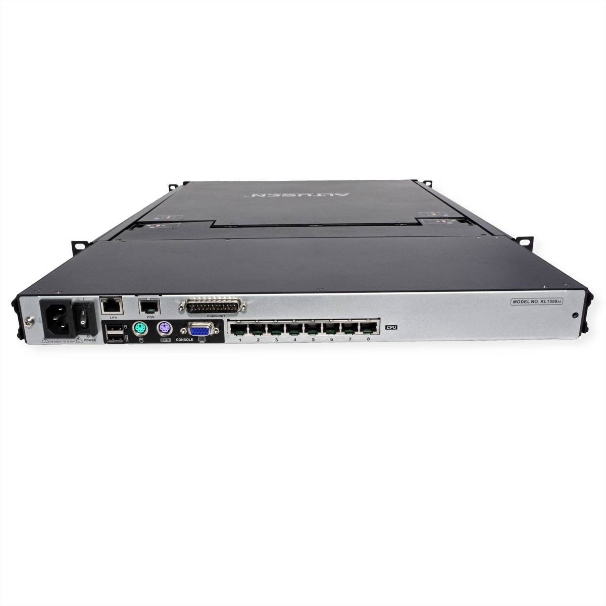 Ein Netzwerk-Server mit verschiedenen Anschlüssen und Verbindungen für Datenübertragung und Stromversorgung, einschließlich Ethernet- und VGA-Schnittstellen, von hinten betrachtet.