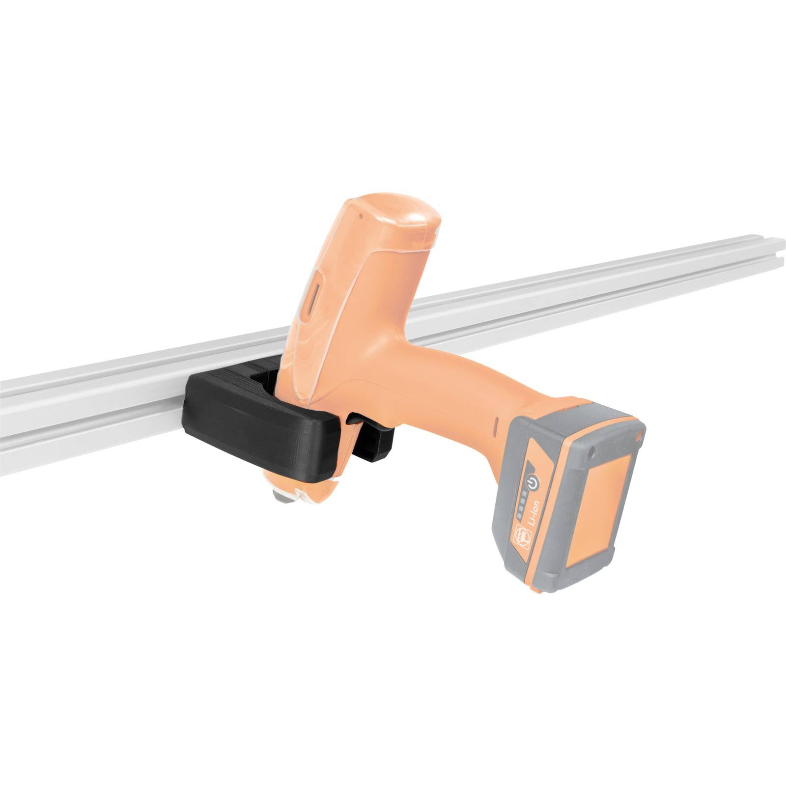 Ein orangefarbenes Elektrowerkzeug, das auf einer Metallschiene montiert ist und zum Schneiden oder Trimmen ausgelegt ist. Das Werkzeug verfügt über einen grauen Griff und ein digitales Display.