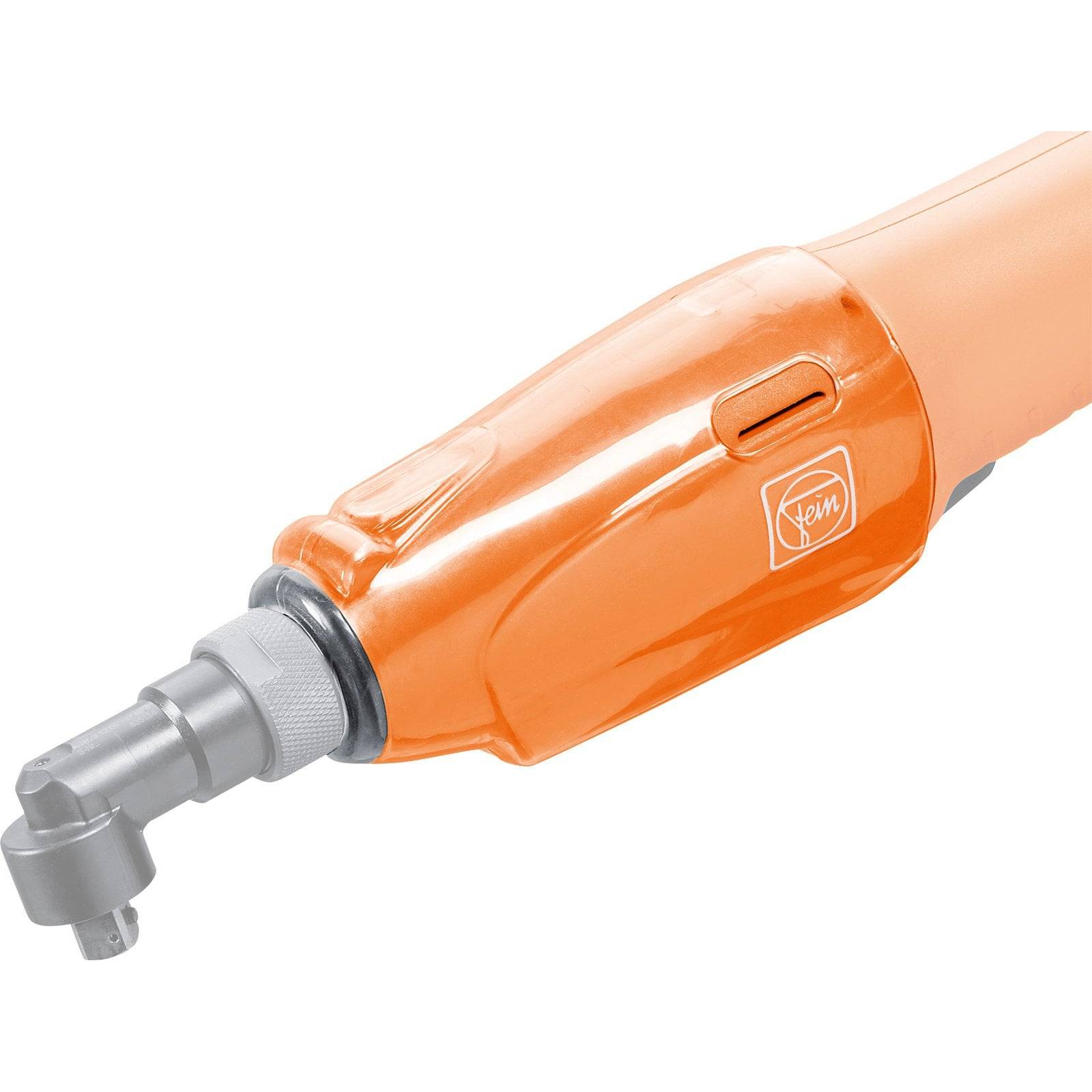 Ein orangefarbenes Fein-Luftwerkzeug mit einem metallischen rotierenden Kopf, das zum Anziehen oder Lösen von Schrauben verwendet wird.