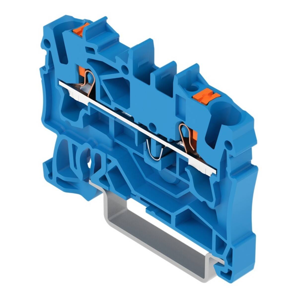 Ein blauer Elektro-Anschlussblock mit einer Metallschraubverbindung und orangefarbenen Hebeln, der zum Sichern und Verbinden von elektrischen Kabeln verwendet wird.
