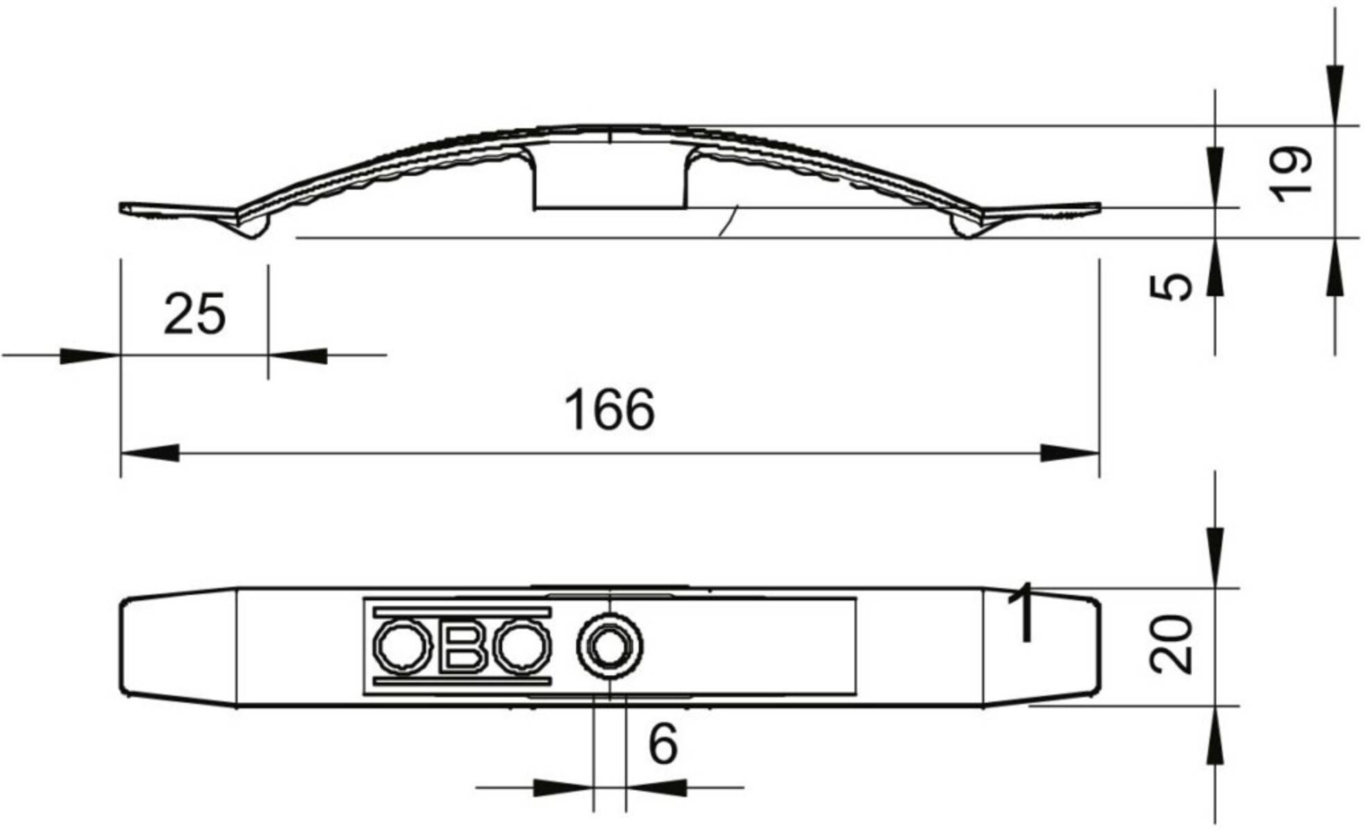 Technische Zeichnung zur Darstellung der Abmessungen eines Objekts. Horizontale Breite mit '166' beschriftet, zusätzliche Komponentenbreite '6'. Details umfassen Verbinder und Profilkontur.