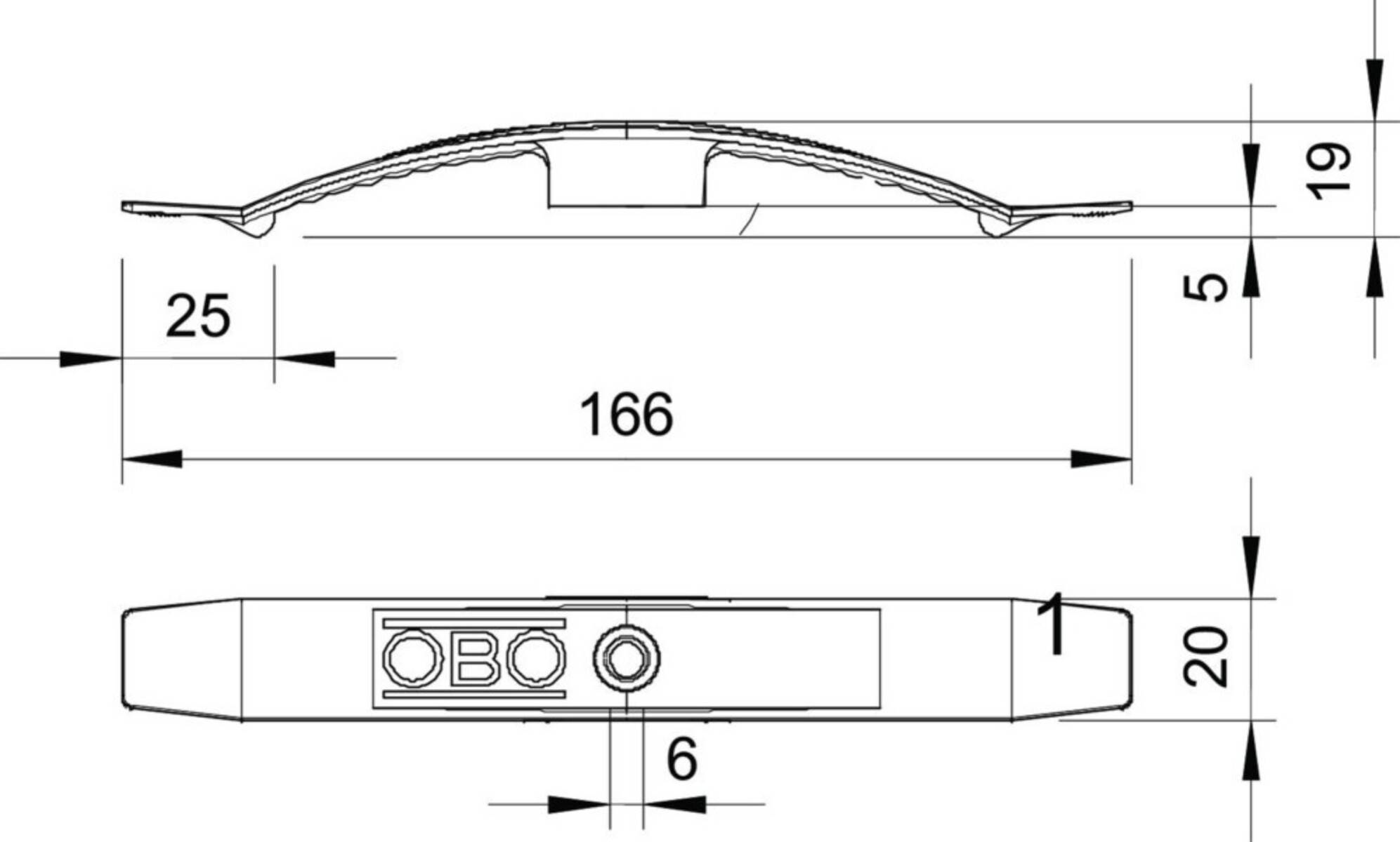 Technische Zeichnung eines Geräts mit Maßangaben; Breite mit 166 Einheiten beschriftet und ein kleinerer Abschnitt mit 6 Einheiten beschriftet.
