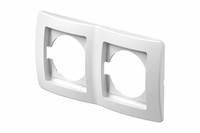 Weißer Unterputz-Doppelsteckdosenrahmen mit abgerundeten Ecken und glänzender Oberfläche, konzipiert zur Aufnahme von zwei elektrischen Steckdosen.