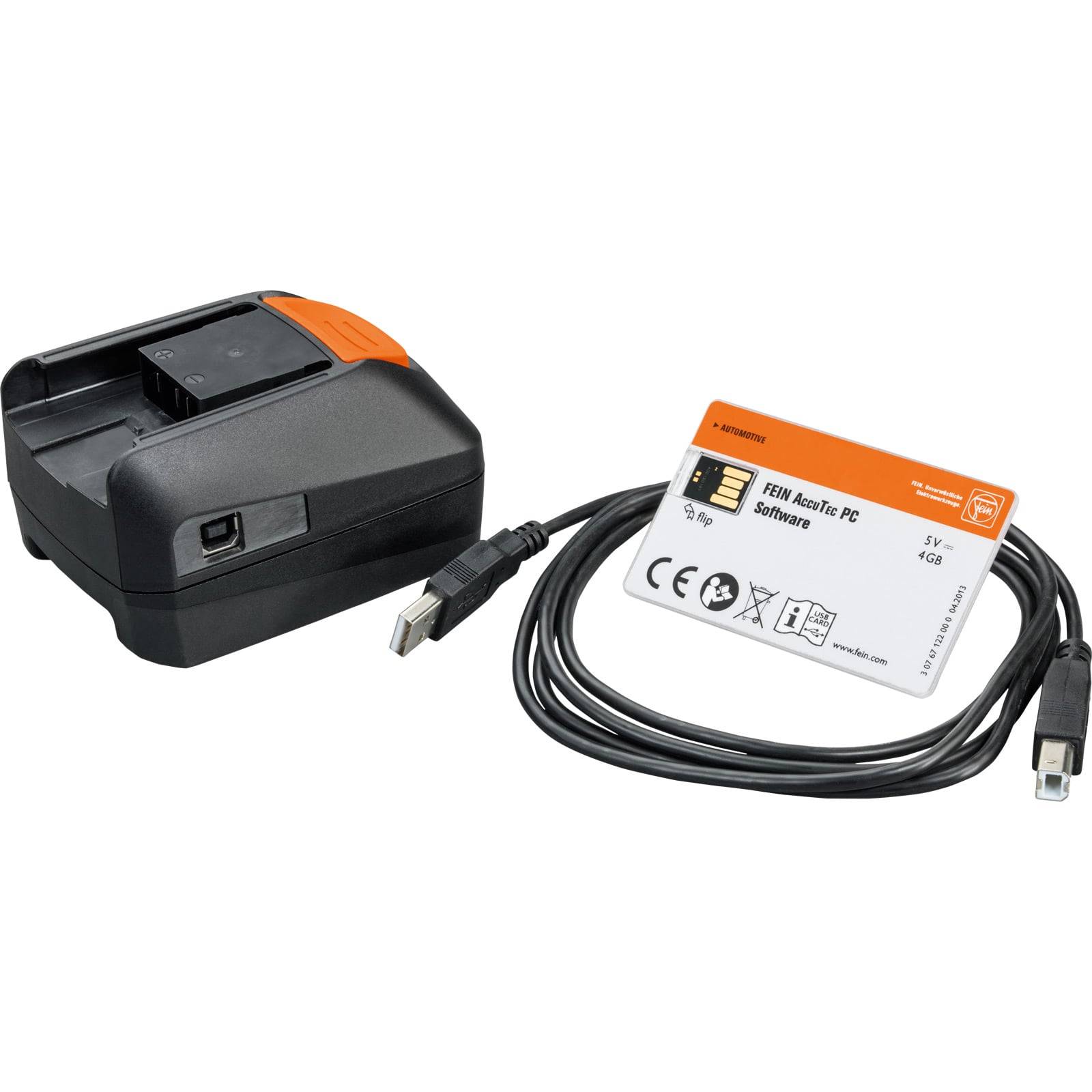 FHM-HasiTec-PC-Software-Karte mit einem USB-Kabel, neben einem schwarzen und orangen Ladegerät.