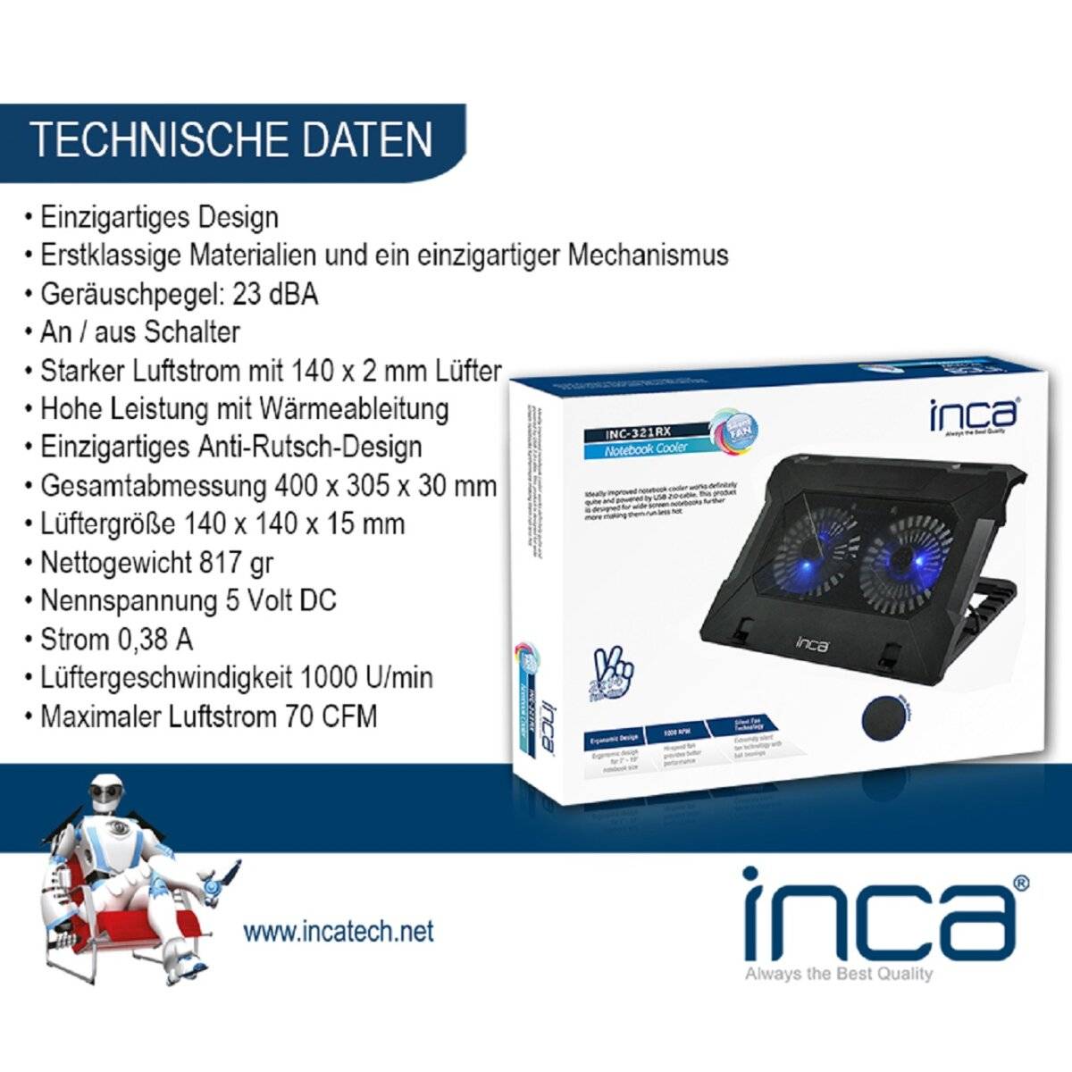 INCA INC-321RX Laptopkühler Notebookkühler geeignet für 7-17-Zoll-Laptops 2x140mm Lüfter