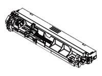 Isometrische technische Zeichnung eines langen rechteckigen mechanischen Geräts oder Schienenbaugruppe mit internen Fächern und Endkomponenten.