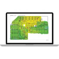 Ein Laptop zeigt einen farblich gekennzeichneten Grundriss oder Lageplan mit vielen Räumen und beschrifteten Bereichen, überwiegend in Grün und Gelb, auf weißem Hintergrund.