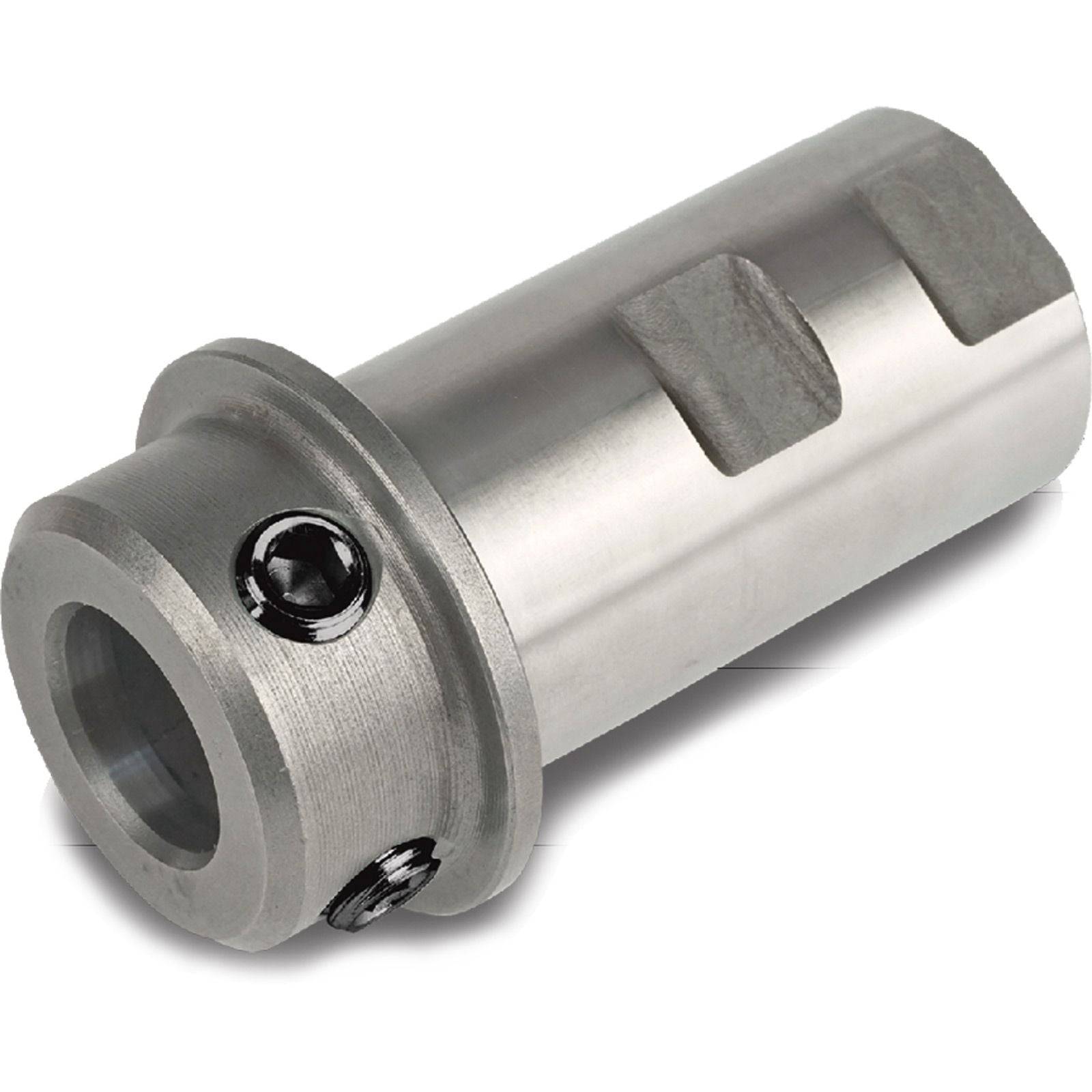 Eine zylindrische Metallkupplung mit zwei Madenschrauben zur sicheren Befestigung, üblicherweise in Maschinen oder industriellen Anwendungen verwendet.