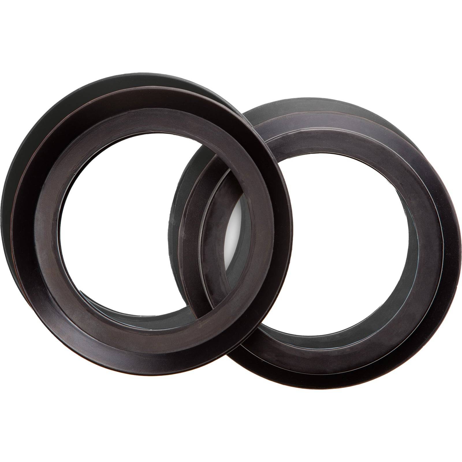 Zwei schwarze Gummidichtungen, die sich leicht überlappen, auf einem einfarbigen weißen Hintergrund.