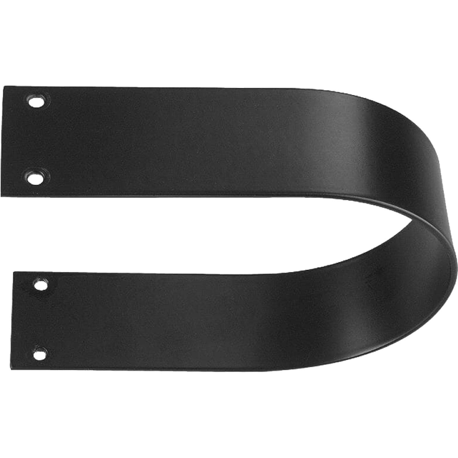 Schwarzer Metallwinkel mit zwei flachen Enden und vorgebohrten Löchern, konzipiert zur Unterstützung oder Befestigung bei Bau- oder Montagearbeiten.