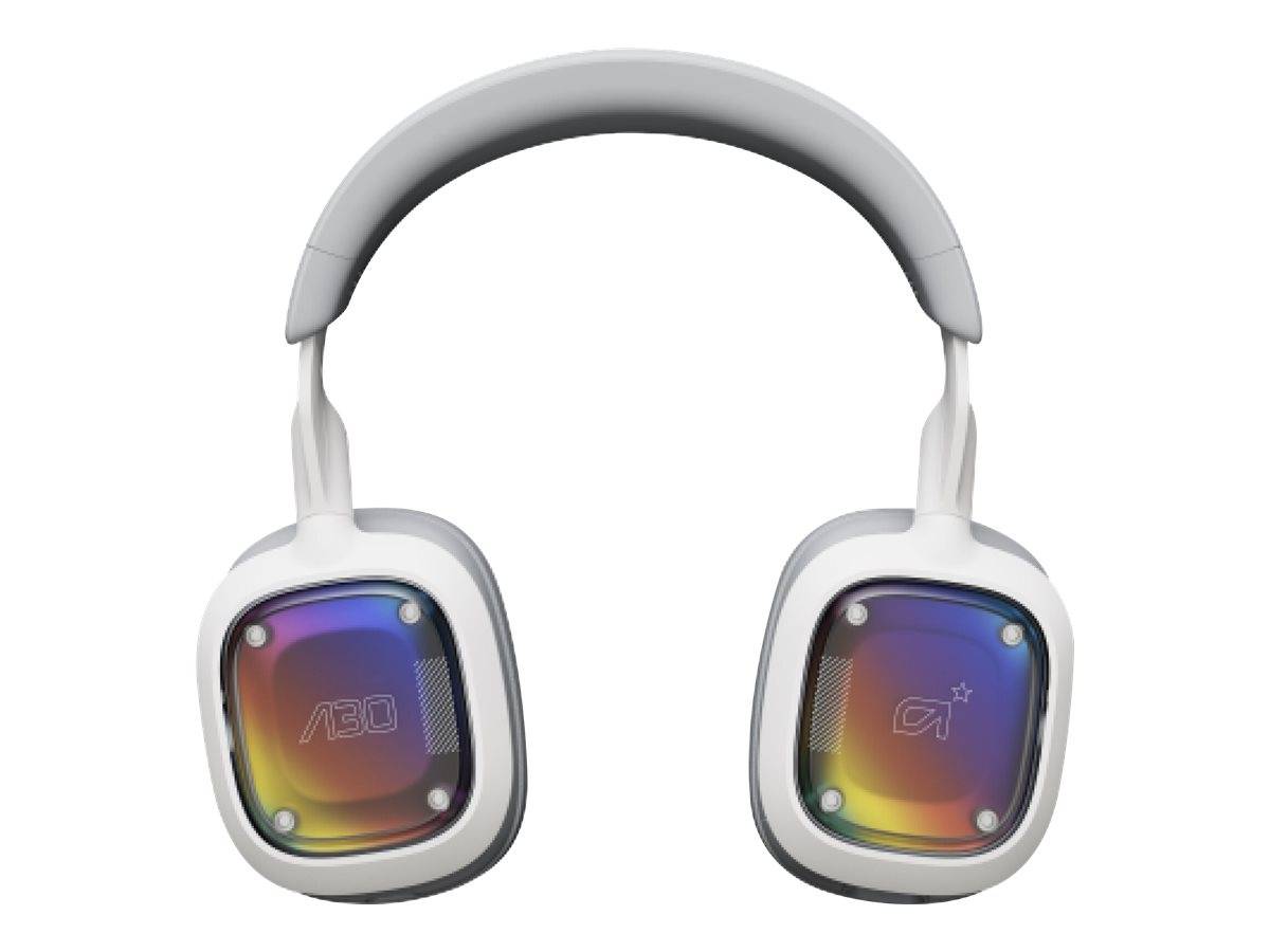 Weiße Over-Ear-Kopfhörer mit quadratischen Ohrmuscheln im Regenbogen-Farbverlauf auf einfachem weißem Hintergrund.