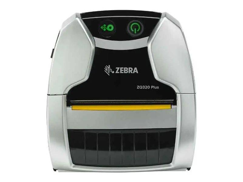 Vorderansicht eines tragbaren Etikettdruckers Zebra ZQ320 Plus mit sichtbaren Statusleuchten und Papierschacht.