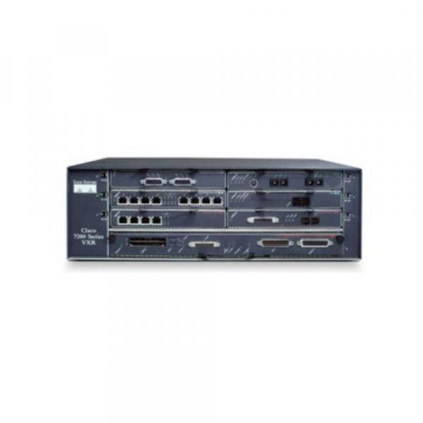 Frontansicht eines Cisco 7200 Series VXR Routers mit mehreren Netzwerkports und Modulschächten auf einem einfachen weißen Hintergrund.