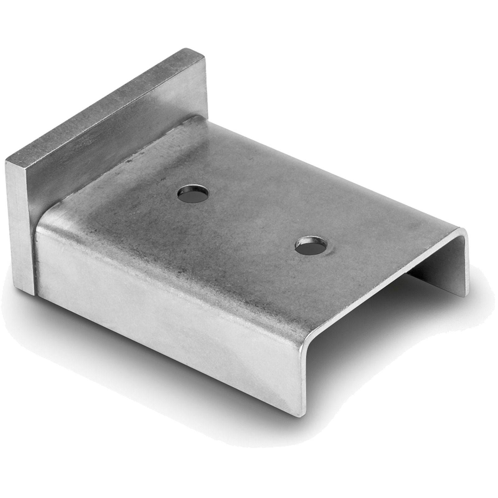 Eine Metallhalterung mit zwei Löchern, die zum Befestigen von Gegenständen beim Bauen oder bei der Möbelmontage verwendet wird.