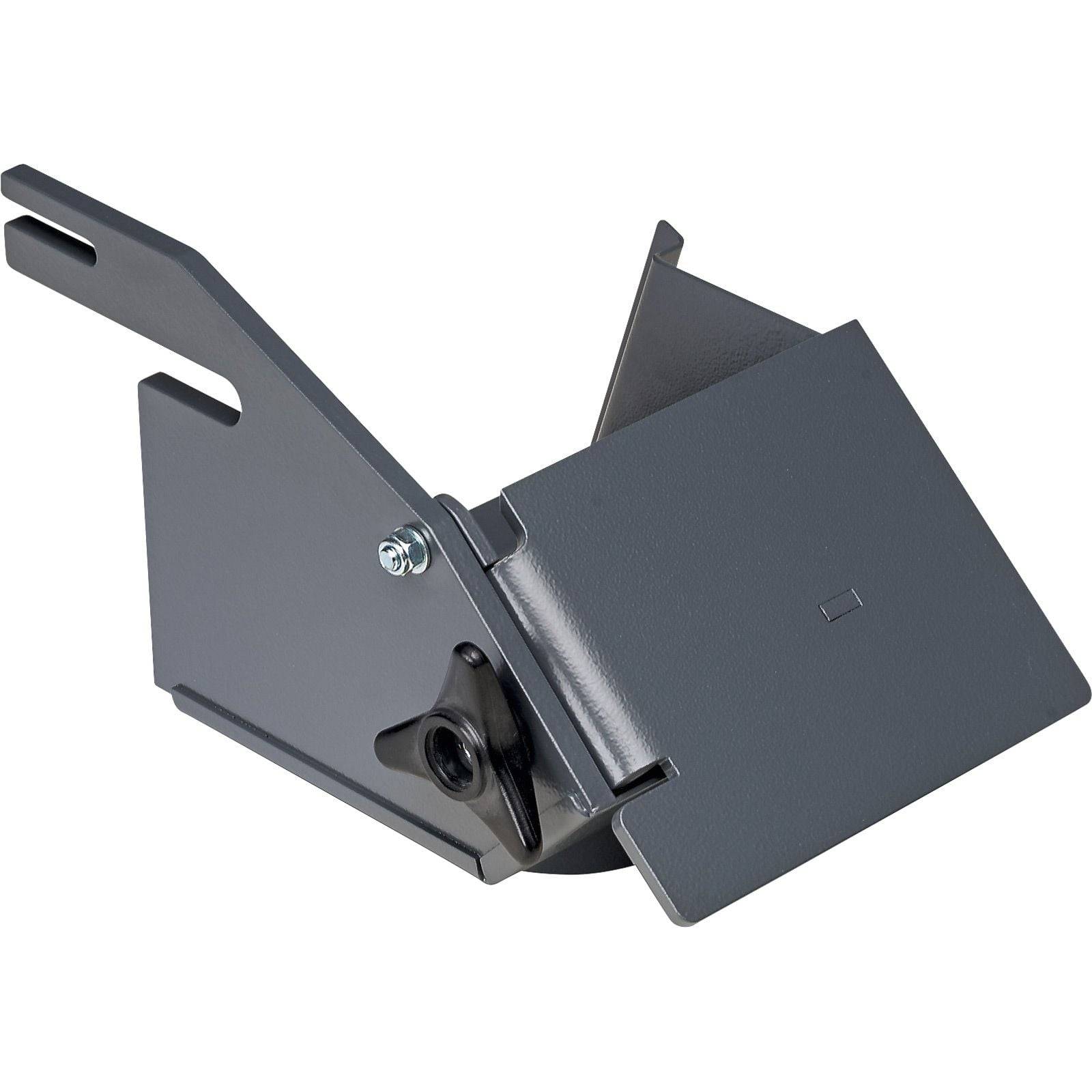 Eine graue Metallhalterung oder -befestigung mit einem abgewinkelten Träger und mehreren Schlitzen, wahrscheinlich zum Befestigen oder Halten einer Vorrichtung oder Komponente verwendet.