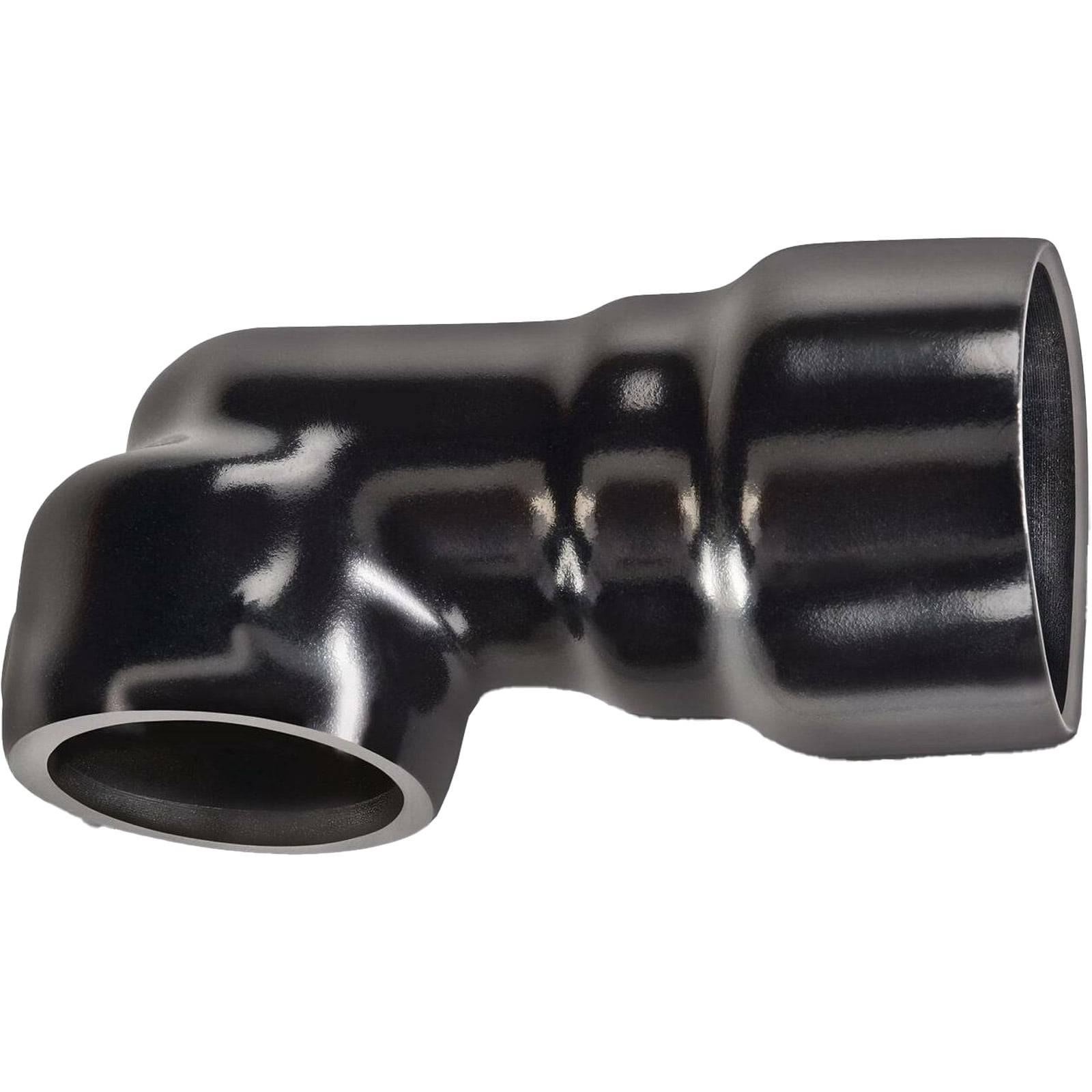 Ein glänzendes, metallisches Rohrbauteil im rechten Winkel mit weichen Kurven und reflektierender Oberfläche.