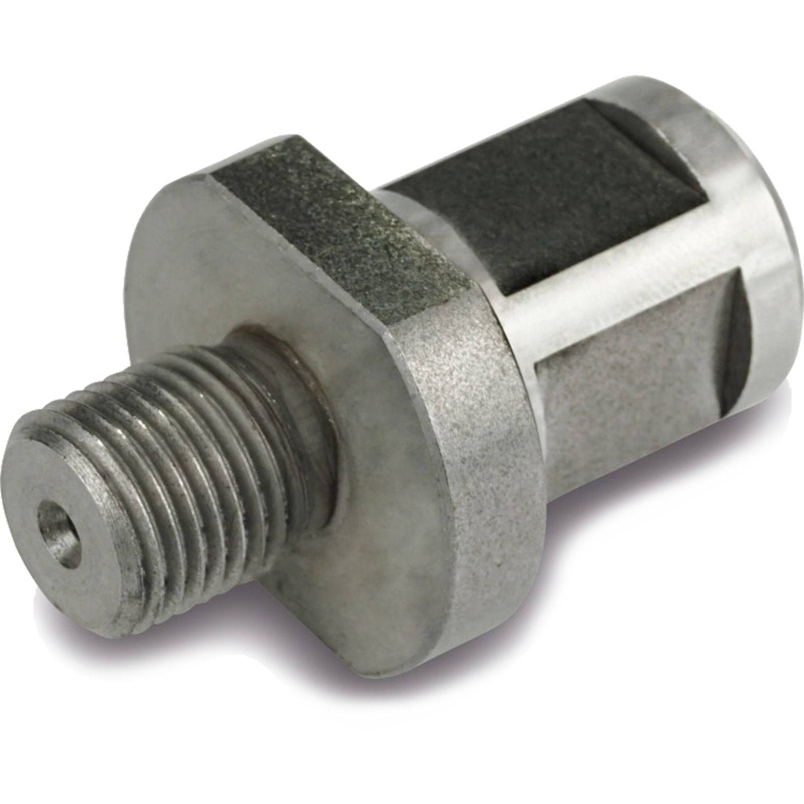 Ein Nahaufnahmebild einer silbernen Metallschraube mit Gewinde an einem Ende und einem flachen, sechseckigen Kopf.