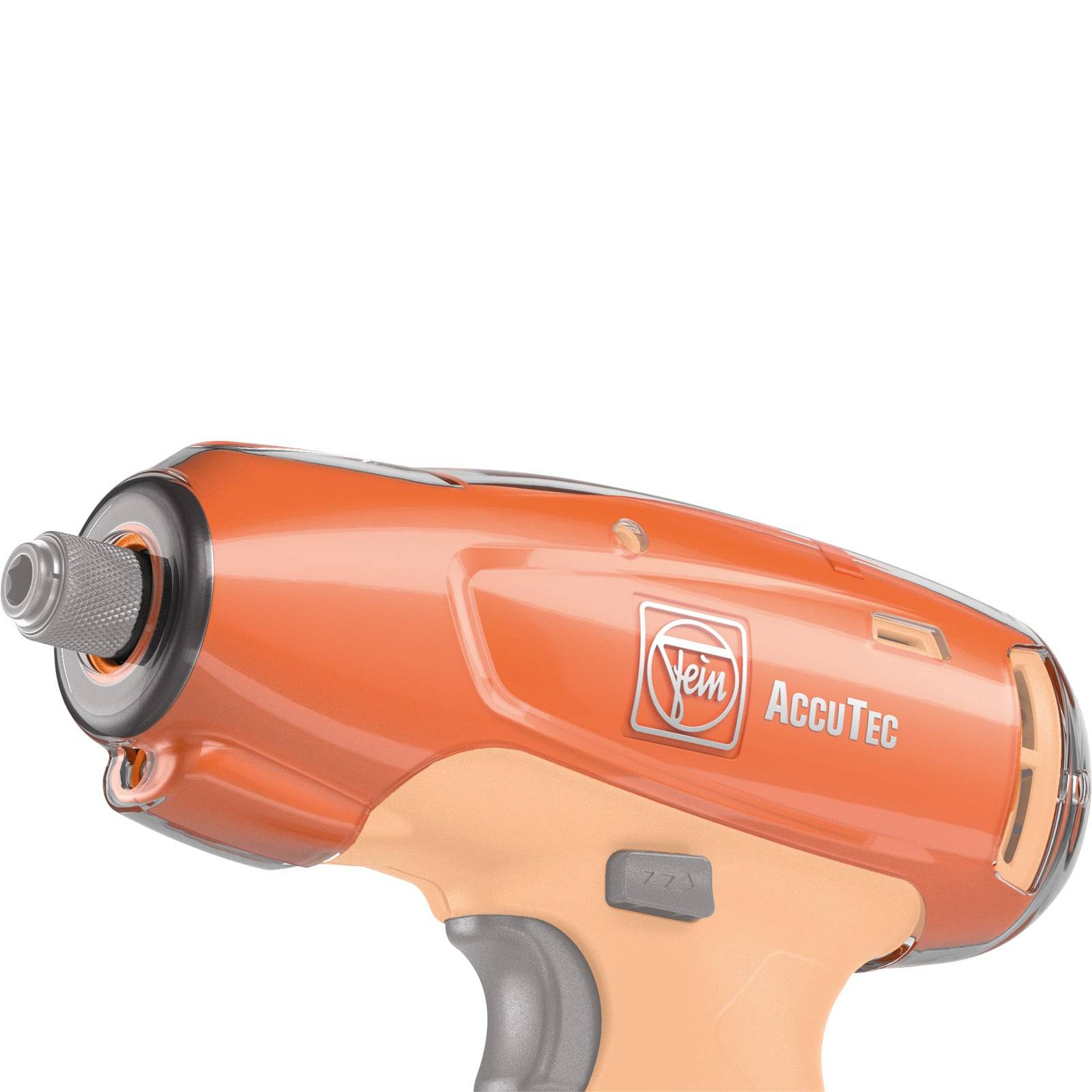 Eine orange und graue Bohrmaschine mit der Markenbezeichnung 'Fein AccuTec', ausgestattet mit einem schwarzen Bohrbithalter.