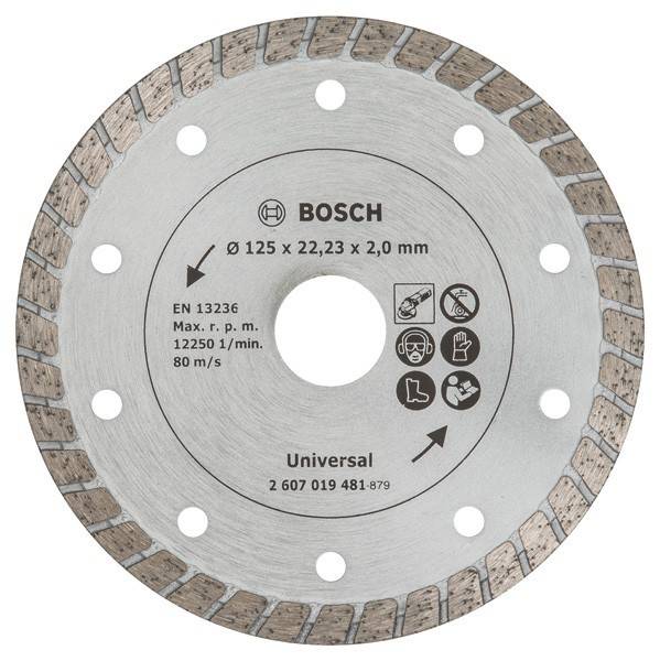 Eine silberne Bosch Diamant-Trennscheibe mit der Aufschrift 'Ø 125 x 22,23 x 2,0 mm' mit maximaler Drehzahl '12250 1/min', ausgestattet mit Sicherheitssymbolen und dem Aufdruck 'Universal'.