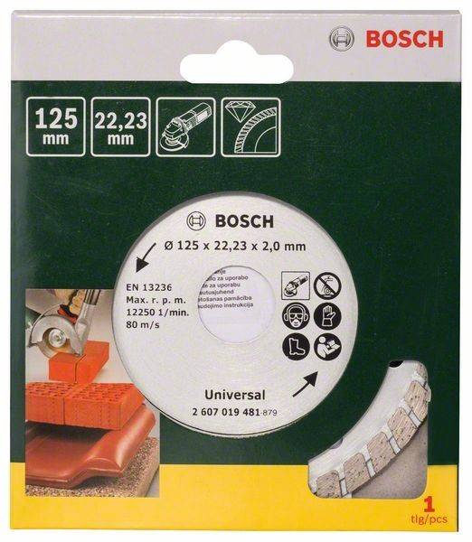 Eine Bosch Universal-Diamanttrennscheibe, 125 mm Durchmesser, geeignet für verschiedene Materialien. Verpackung zeigt Produktspezifikationen und Anwendungssymbole.
