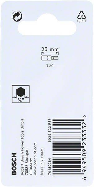 T20 Schraubendreher-Bit, 25 mm Länge, Sechskant-Antrieb 1/4 Zoll, Barcode abgebildet.