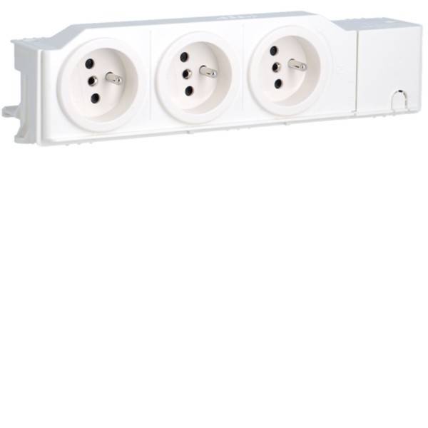 Eine dreifache Steckdose mit drei runden Steckdoseneinsätzen in weißem Gehäuse, zur Wandmontage geeignet, passend für europäische Stecker.