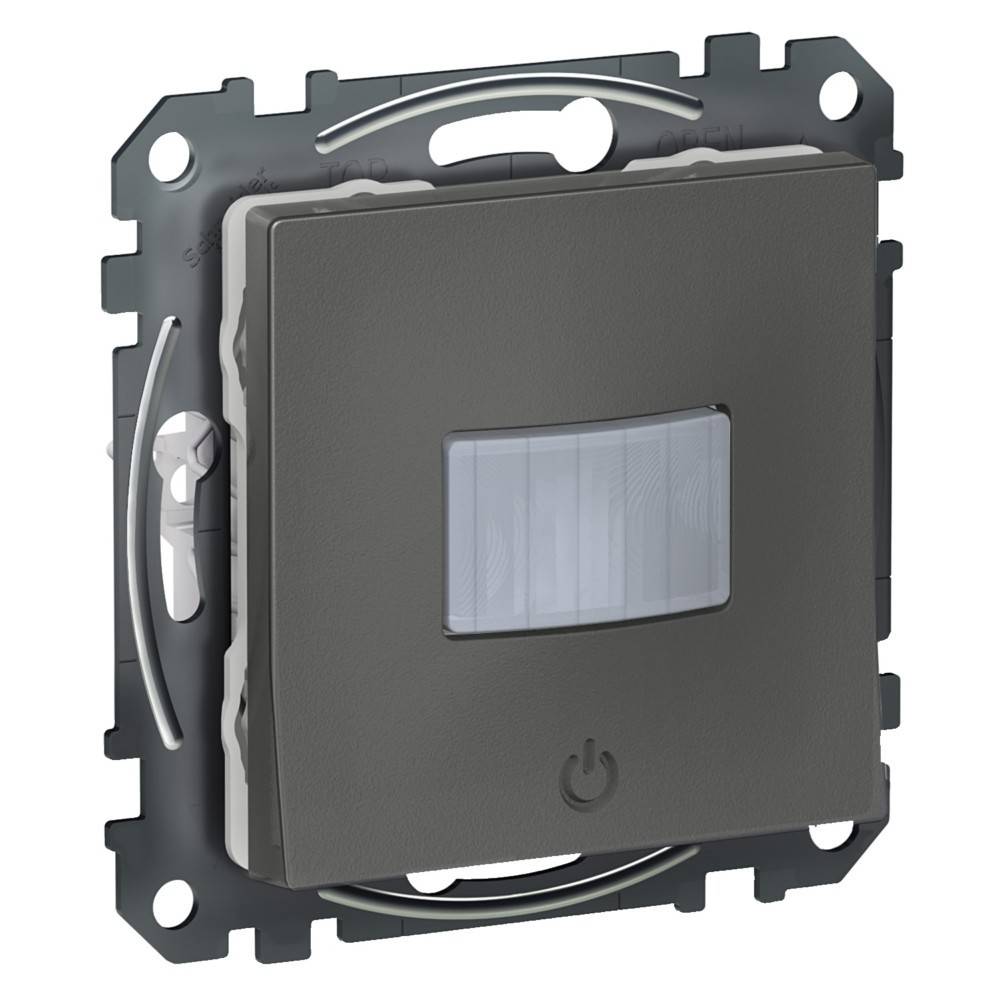 Ein quadratischer, dunkelfarbener Bewegungssensor für den Innenbereich, der ein zentrales rechteckiges Sensorpanel und ein Netzteil-Symbol am unteren Rand aufweist.