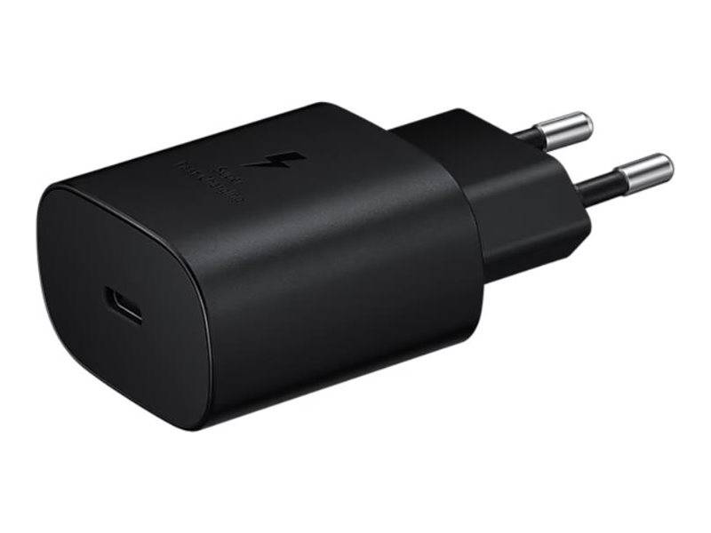 Schwarzes USB-Wandladegerät mit einem einzelnen USB-C-Anschluss und zwei runden europäischen Steckerstiften, dargestellt auf weißem Hintergrund.