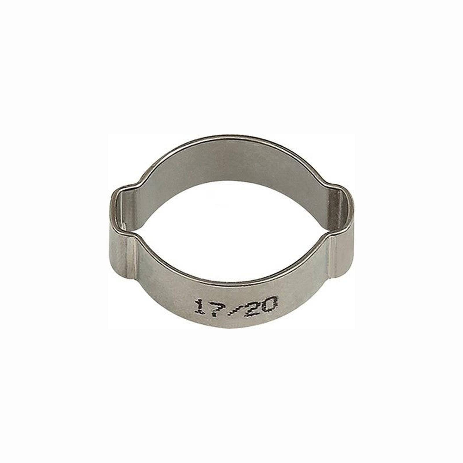 Eine metallische Klemme mit den einggravierten Zahlen '17/20', die zum Befestigen von Schläuchen verwendet wird.