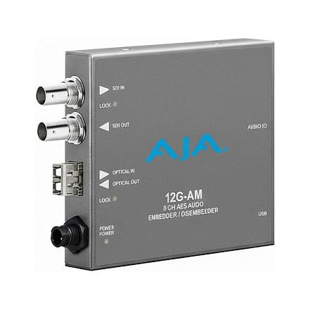 AJA 12G-AM 8-Kanal-AES-Audio-Embedder/Disembedder mit SDI- und optischen Ein-/Ausgängen sowie Stromversorgungsanschluss.