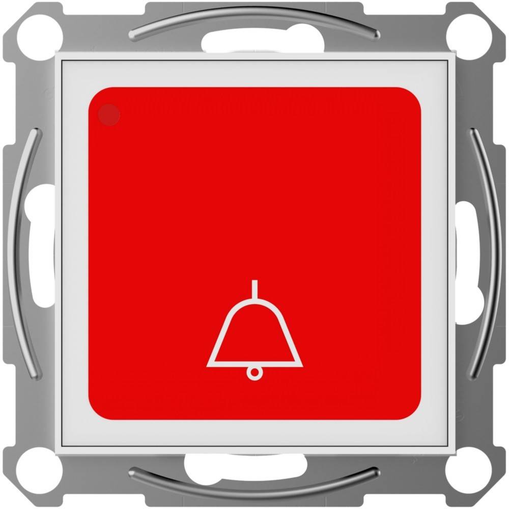 Ein roter Notfallknopf mit einer Glocken-Ikone, eingebettet in einen quadratischen Metallrahmen zur Signalisierung von Warnungen oder Alarmen.