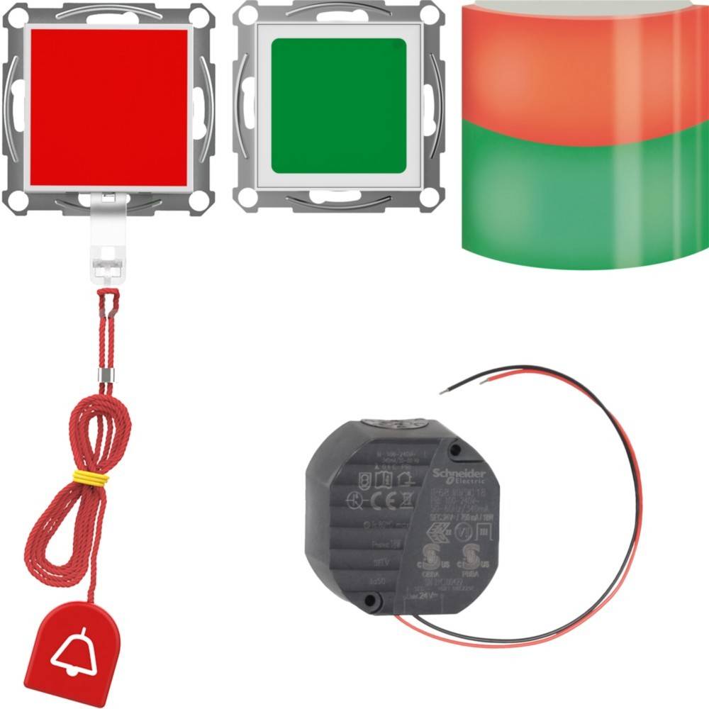 Rote und grüne quadratische Tasten, rotes Zugseil mit Glockensymbol, zylindrische Abdeckung mit roten und grünen Farbtönen, Schneider-Electric-Modul mit Drähten.