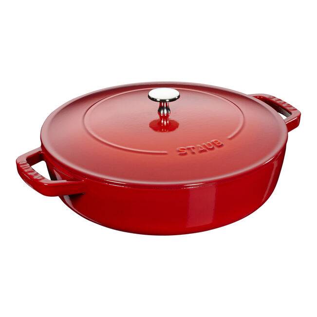 Rot runder Dutch Oven mit Deckel, Seitengriffen und Knauf auf weißem Hintergrund.