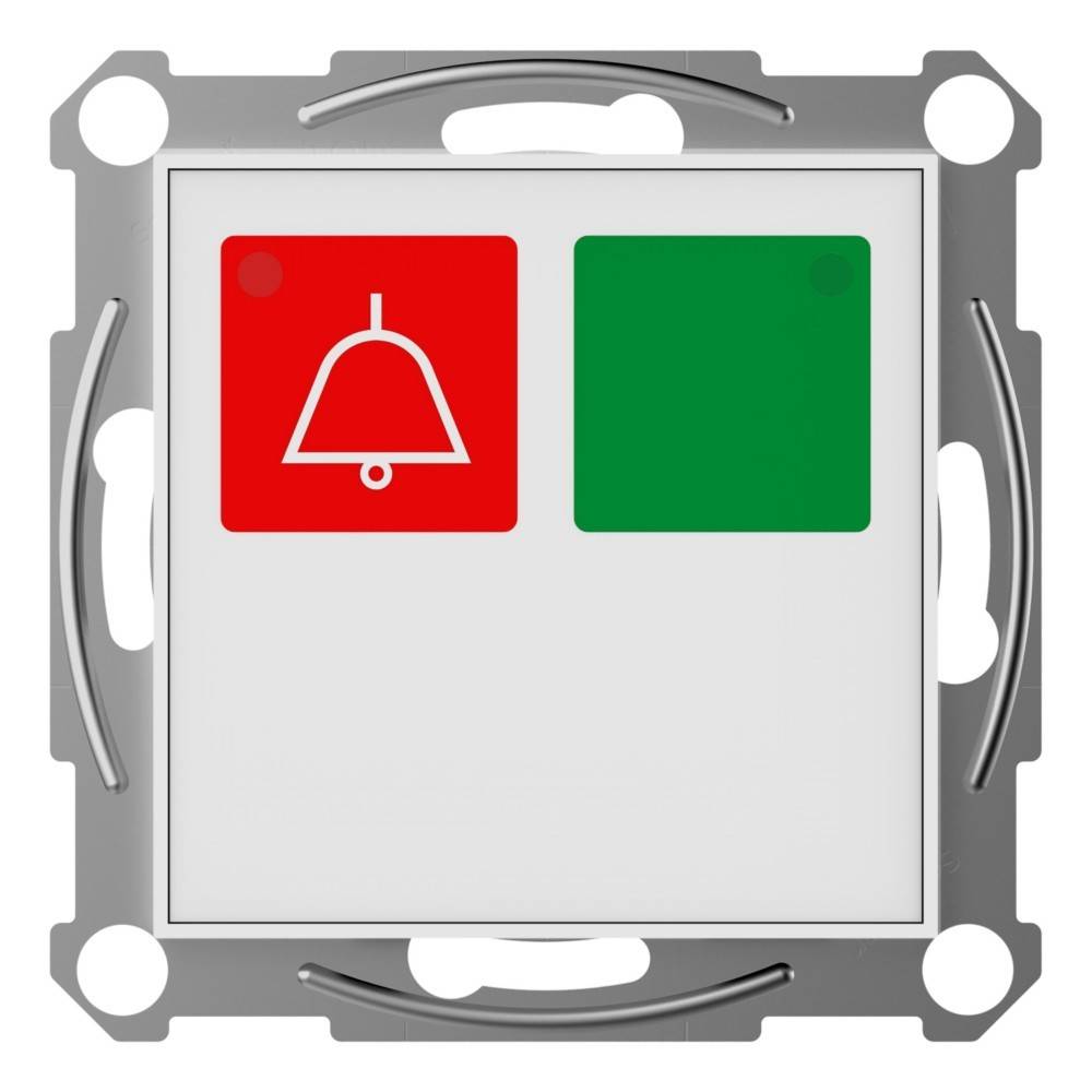 Ein quadratisches Panel mit einem roten Glocken-Symbol links und einem grünen Quadrat rechts, in einem metallfarbenen Rahmen, das für Warnungen verwendet wird.