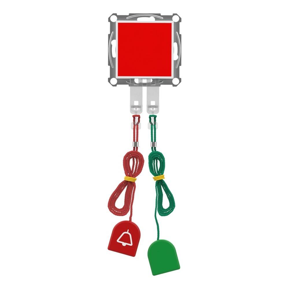Ein roter quadratischer Zugschalter mit zwei herabhängenden Schnüren. Die linke Schnur ist rot mit einem Glockensymbol-Anhänger; die rechte Schnur ist grün mit einem einfachen Anhänger.
