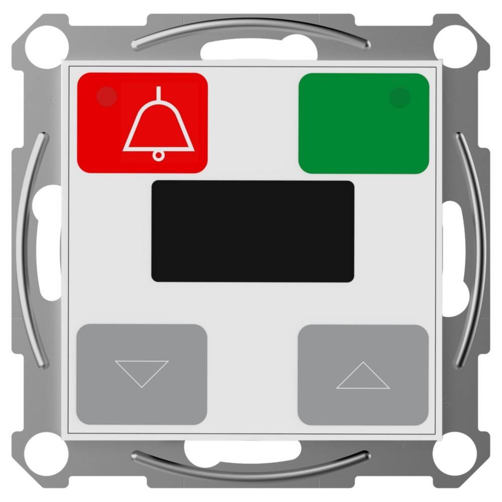Wandmontiertes Kontrollpanel mit einer roten Taste mit Glockensymbol und einer grünen Taste, die eine Alarmpunkt- und eine Bestätigungsfunktion anzeigen.