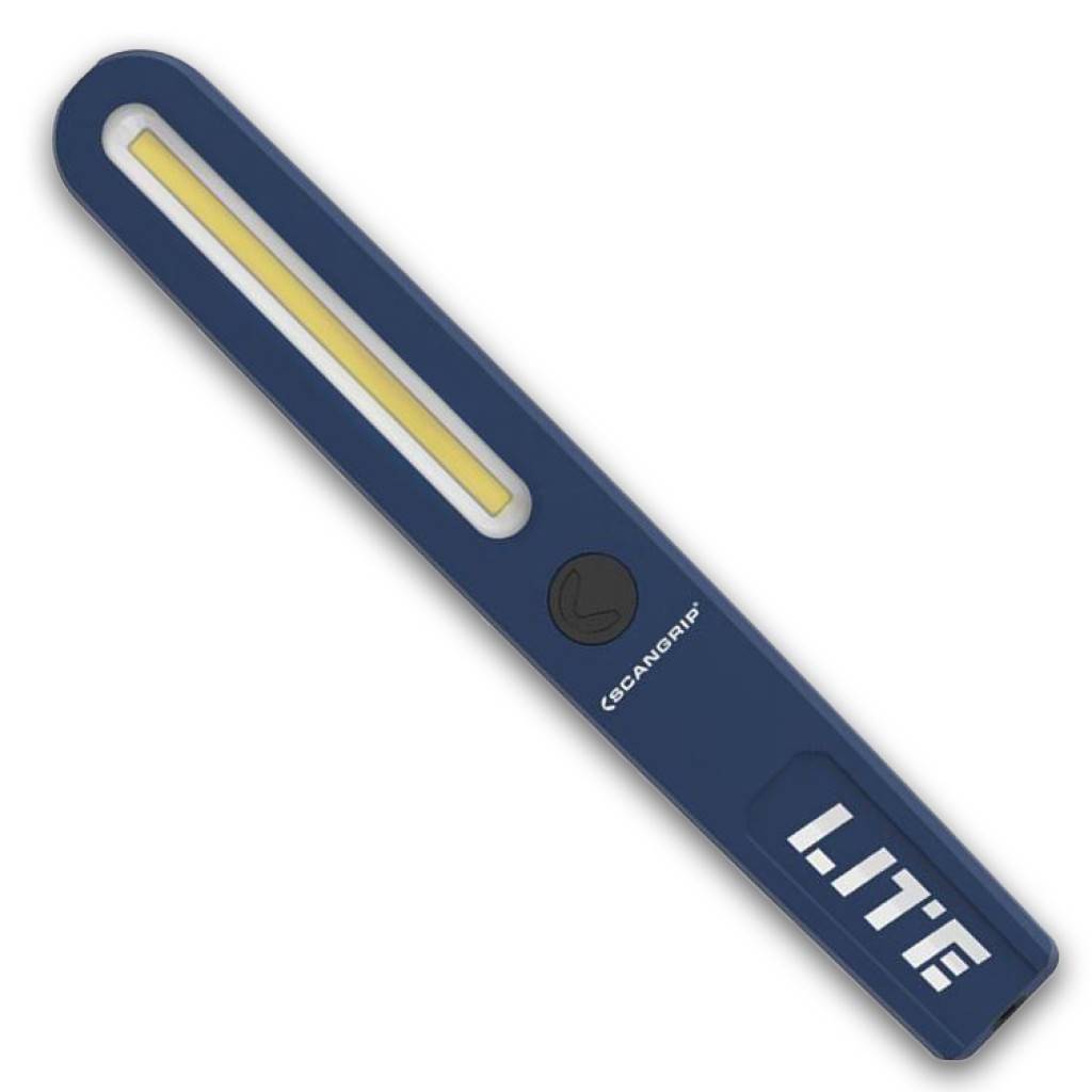 Tragbare blaue Scangrip LITE Arbeitsleuchte mit einem langen gelben LED-Streifen und Einschaltknopf auf weißem Hintergrund.