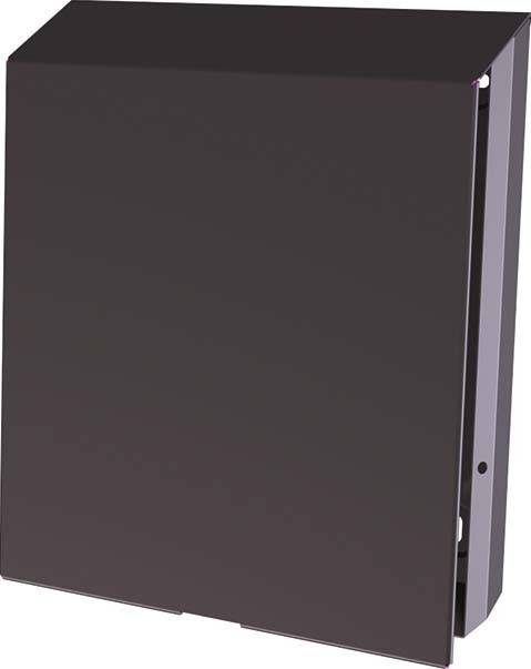 Ein schlankes, schwarzes Metallpanel mit einer Klappe, leicht geöffnet, wodurch ein Teil des inneren Mechanismus sichtbar wird.