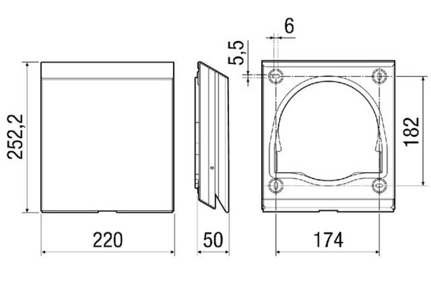 Technische Zeichnung eines Geräts mit Vorder-, Seiten- und Draufsicht mit Maßangaben: 220 mm Breite, 50 mm Tiefe, 174 mm Höhe.