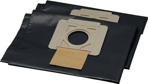 Eine Staubsaugerbeutel mit einer kreisförmigen Öffnung und einer rechteckigen Klappe, die auf einer schwarzen Kunststoffoberfläche platziert ist.