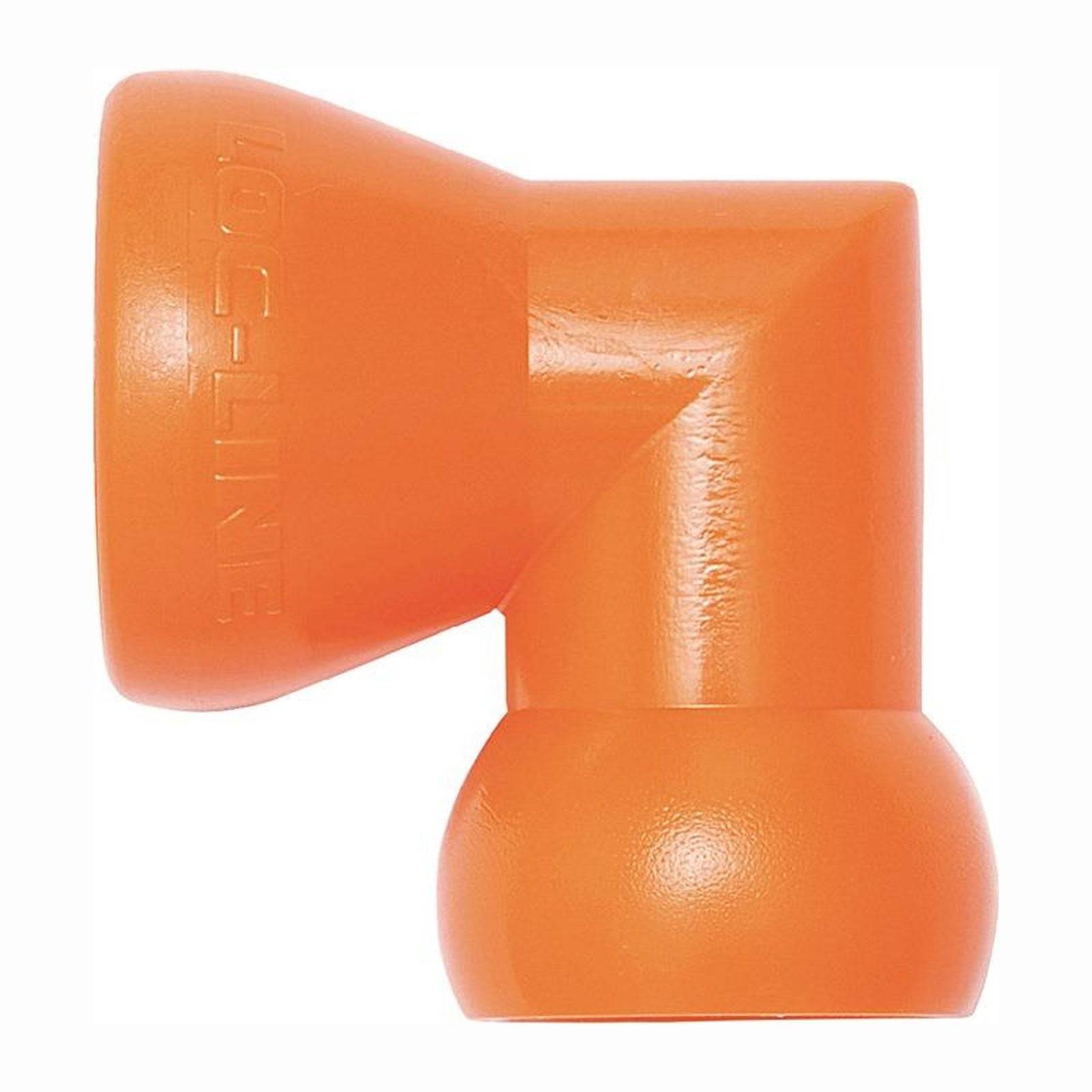 Loc-Line' orangefarbiger 90-Grad-Winkelverbinder, der für modulare Schlauchsysteme verwendet wird, zeigt den Markennamen an der Seite geprägt.